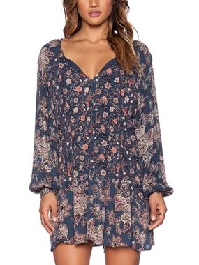 Free People “Lucky Loosey” Mini Dress – Indigo Combo - SMALL
